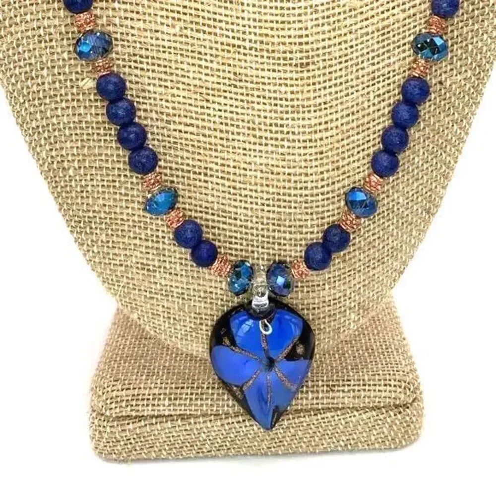 Vintage 90s Blown Glass Teardrop Flower Pendant Necklace 21in